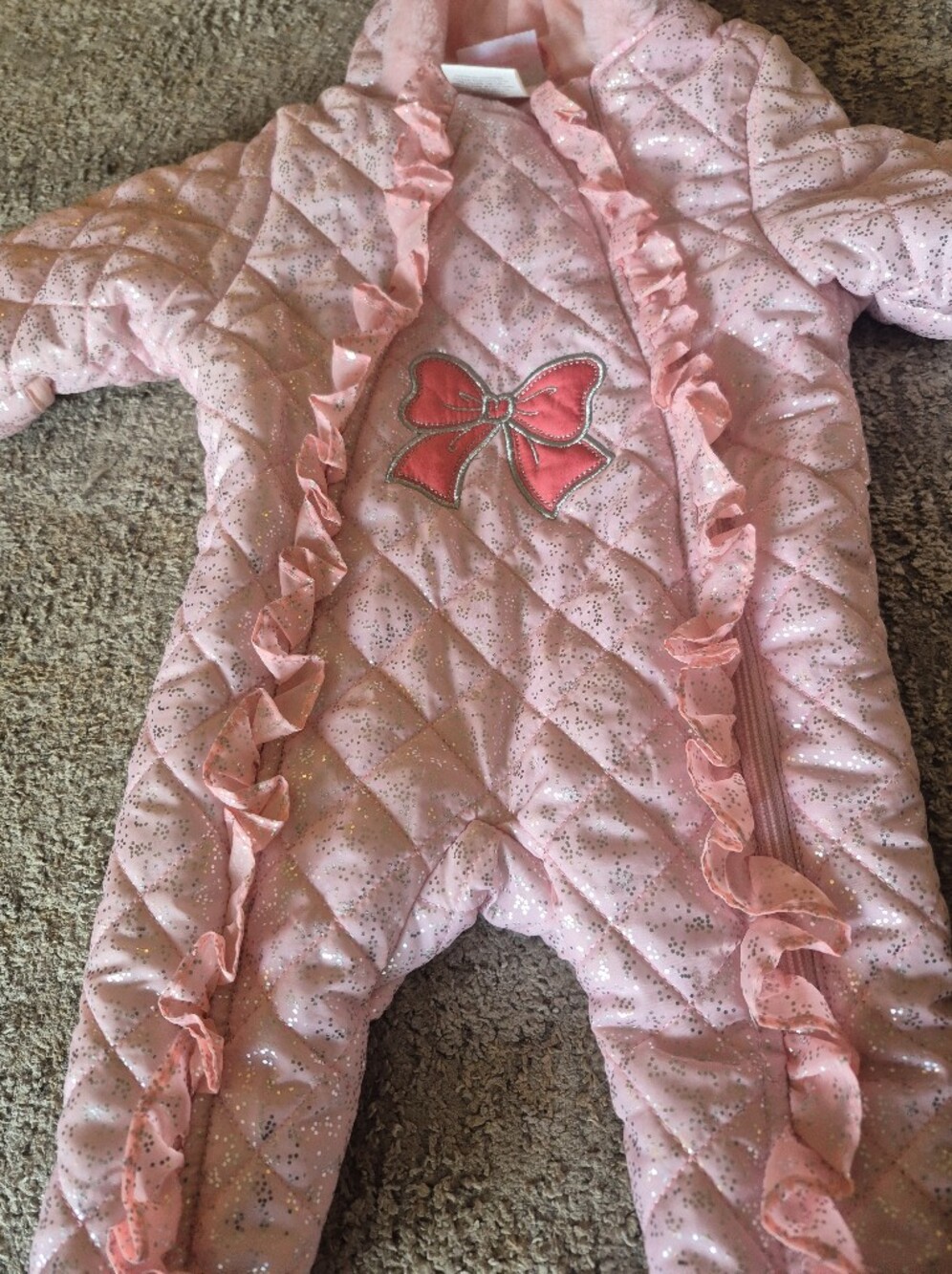 Baby Pink Quilted Glitter Ruffle Snowsuit with Bow Size 3-6 Months